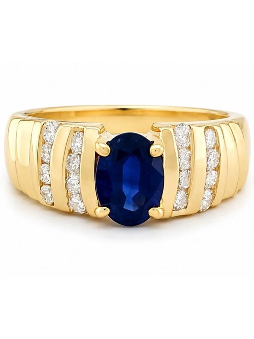 Genuine 1.27 CT Blue Sapphire & Diamonds 14k Yellow Gold Ring